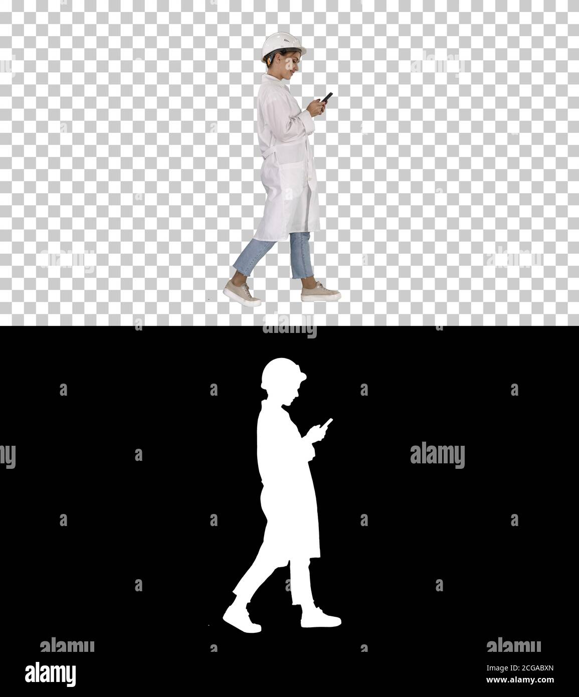 Female Scientist Using Smartphone Walking, Alpha Channel Stock Photo
