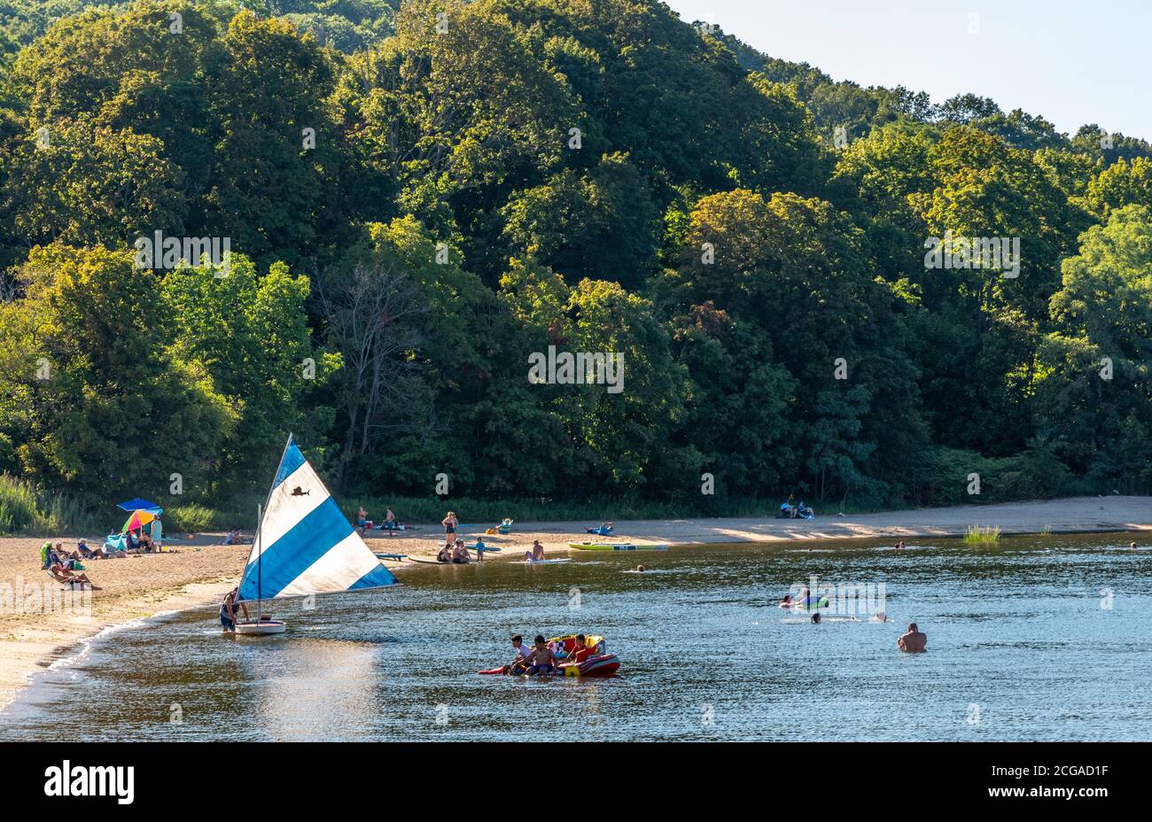 OYSTER BAY, NY USA AUGUST 23 2020 Bathers and boaters in the
