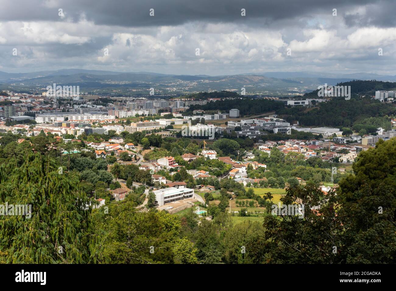 Beautiful view to city and green woods from Bom Jesus do Monte Church in Braga, Portugal Stock Photo