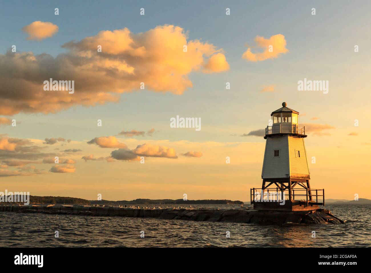 Lighthouse in front of the Community Boathouse Marina in Burlington, Vermont Stock Photo