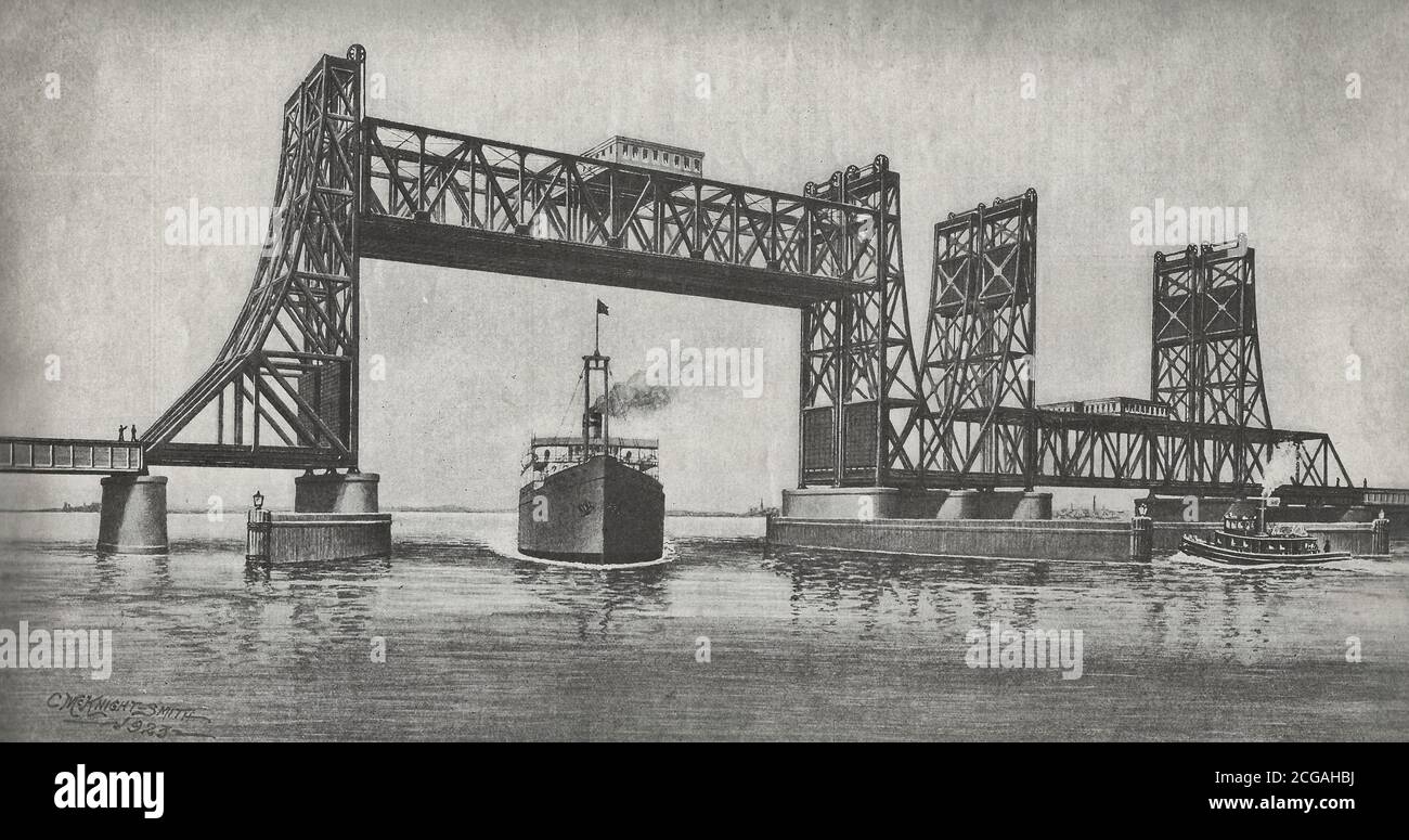 Newark Bay Bridge - New Lift Bridges on the Jersey Central Railroad across Newark Bay, 1923 Stock Photo