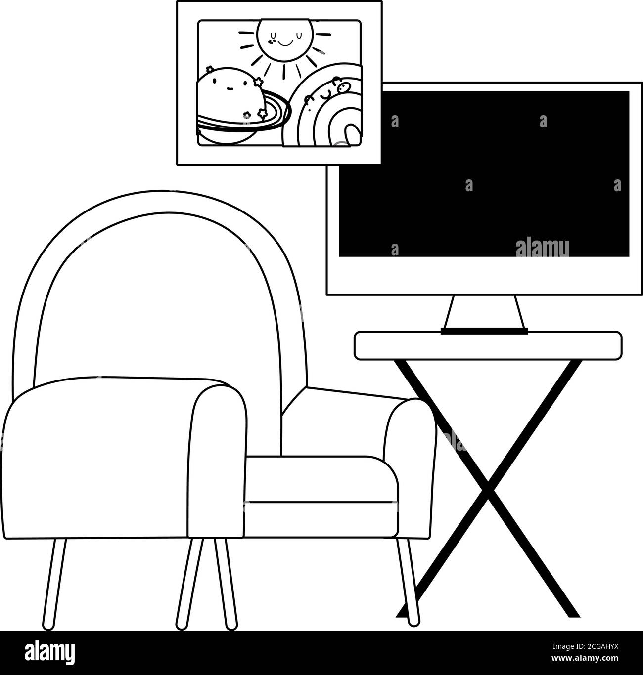 workspace chair table with monitor isolated icon line style vector ...