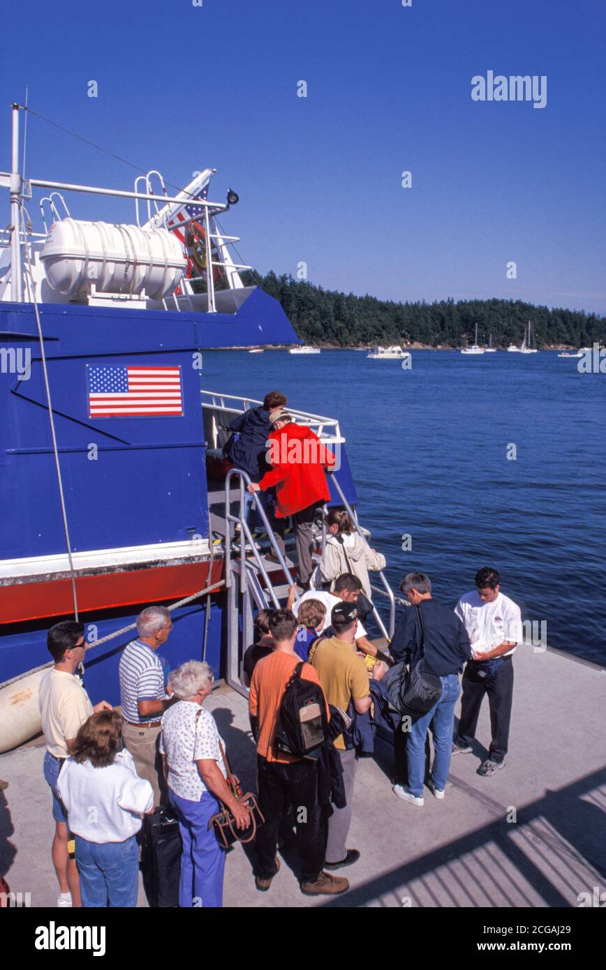 People board whale watching vessel at Friday Harbor, San Juan Island, Washington USA Stock Photo