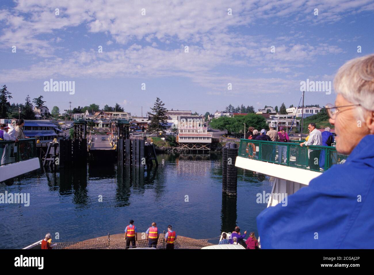 Passenger on ferry boat approaches dock at Friday Harbor on San Juan Island, Washington USA Stock Photo
