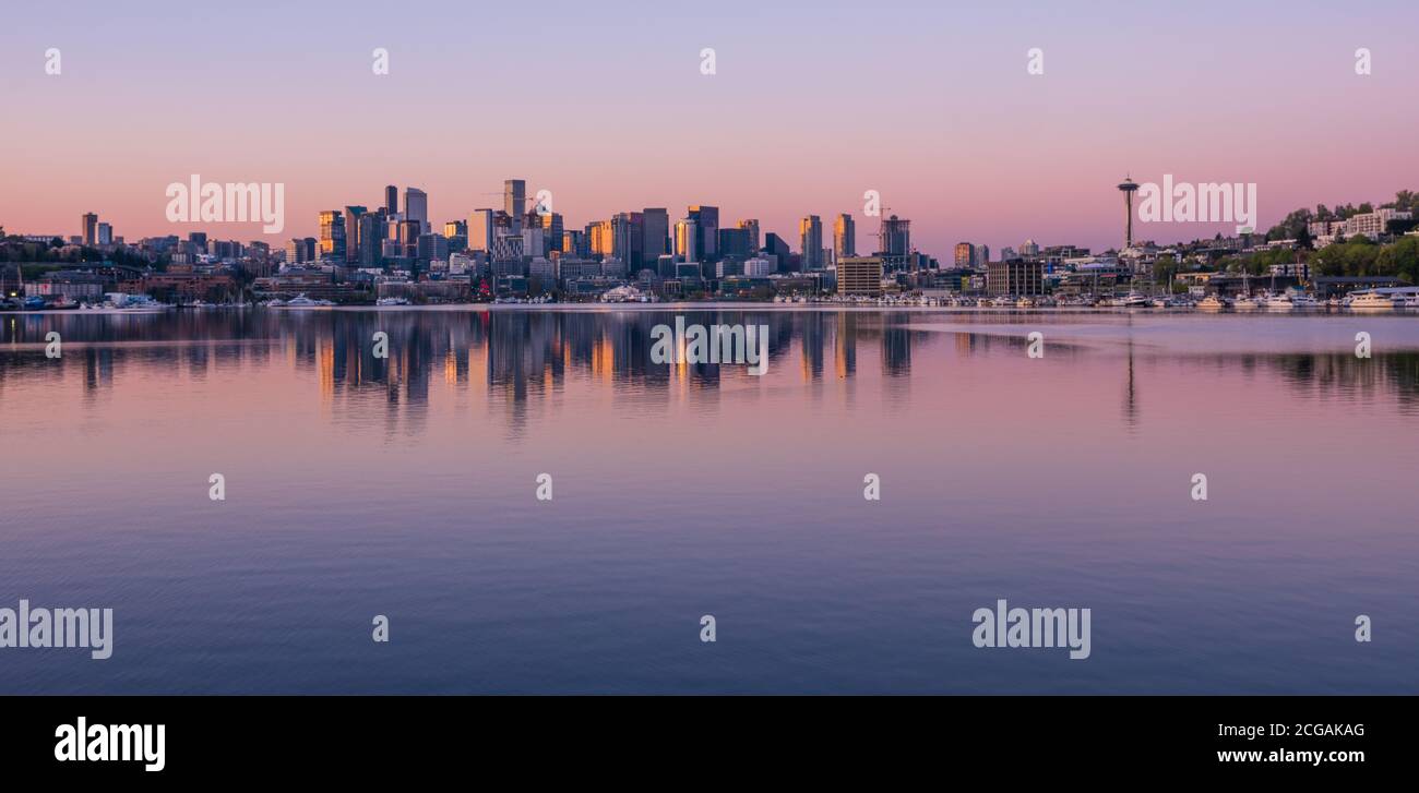 Northwest Washington State Seattle Morning Cityscape and Buildings Reflected in Lake Union at Sunrise Stock Photo