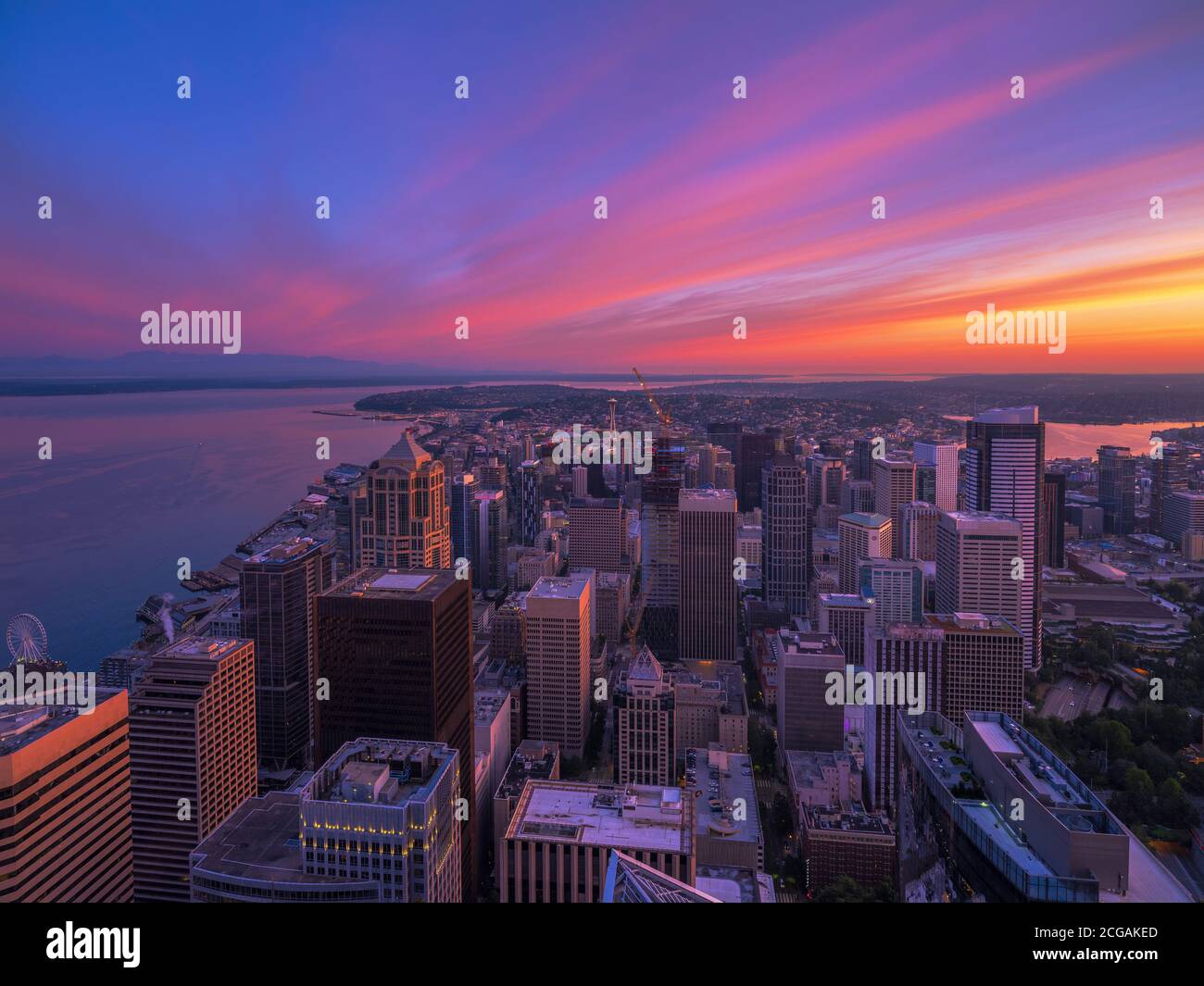 Northwest Washington State Seattle Downtown City Buildings and Space Needle at Sunrise from Above Morning Activity and Light Stock Photo