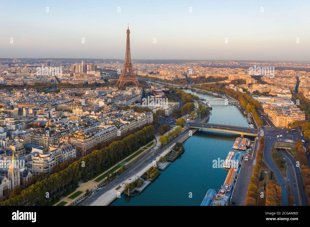 Over Paris France Europe Aerial Eiffel Tower Landmark Tourism and Seine River Fall Colors Stock Photo
