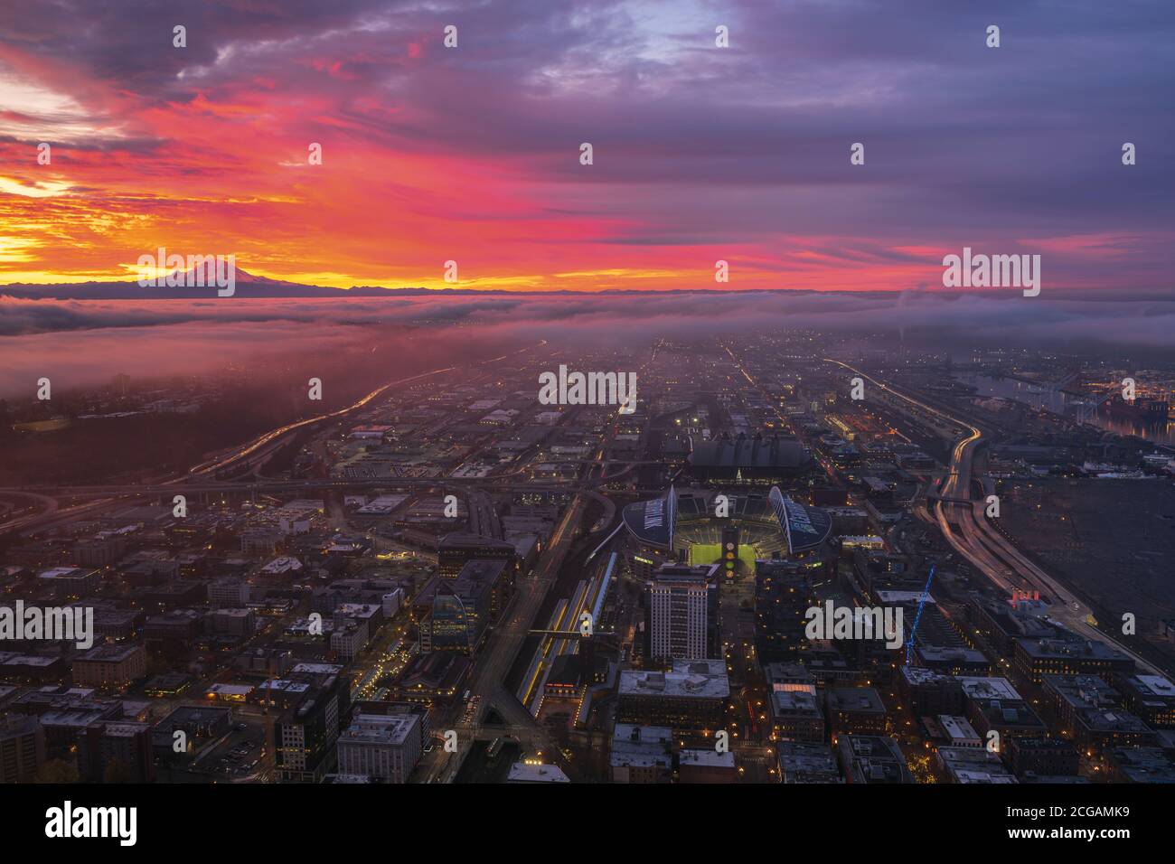 Seattle SODO Buildings City Mountain Rainier Sunrise Traffic Stadiums