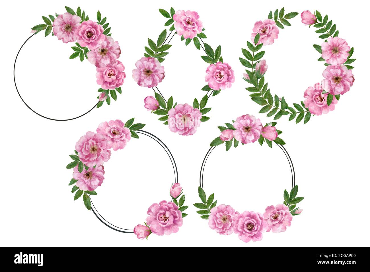 Cute romantic vintage floral frames with wild rose flowers. Watercolor ...