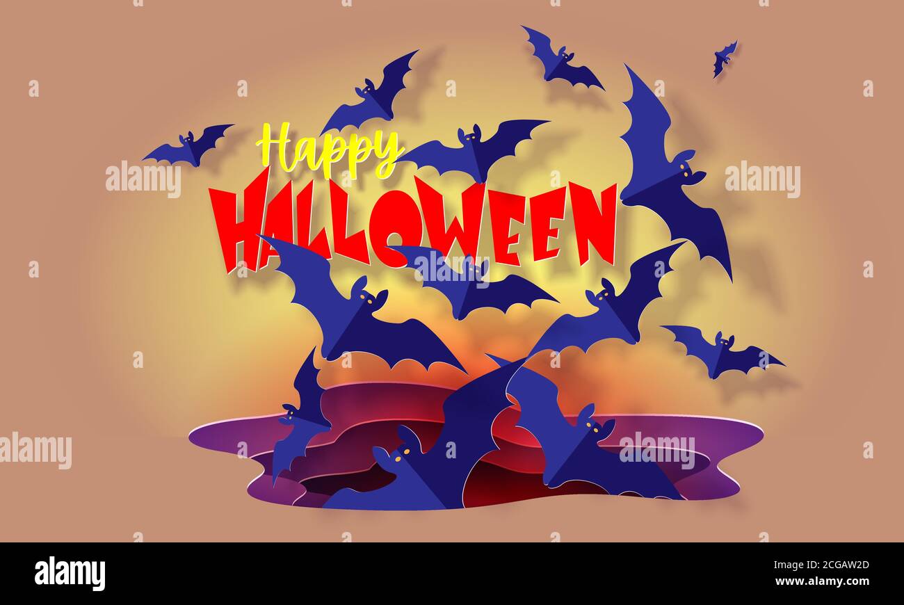 Happy Halloween background with flying bats. Modern paper cut style. Template for halloween party. Vector illustration Stock Vector