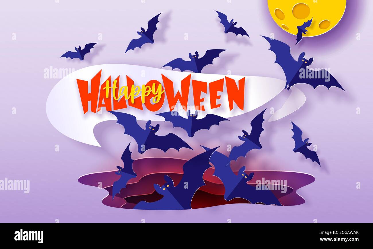 Happy Halloween background with flying bats. Modern paper cut style. Template for halloween party. Vector illustration Stock Vector