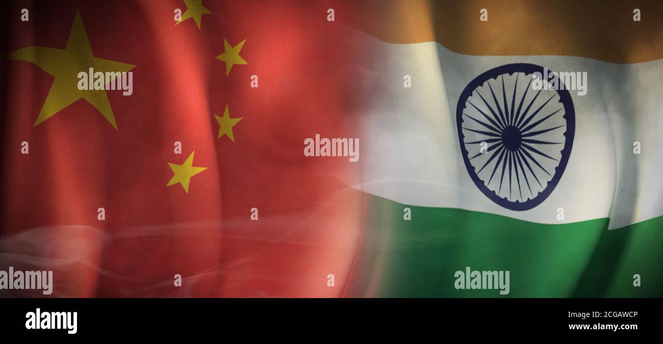 Flag Images of the Concept of International Relations between China and India. Stock Photo