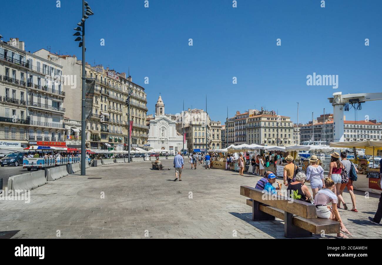 quayside promenade at Quai du Port in the Old Port of Marseille, Bouches-du-Rhône department, France Stock Photo