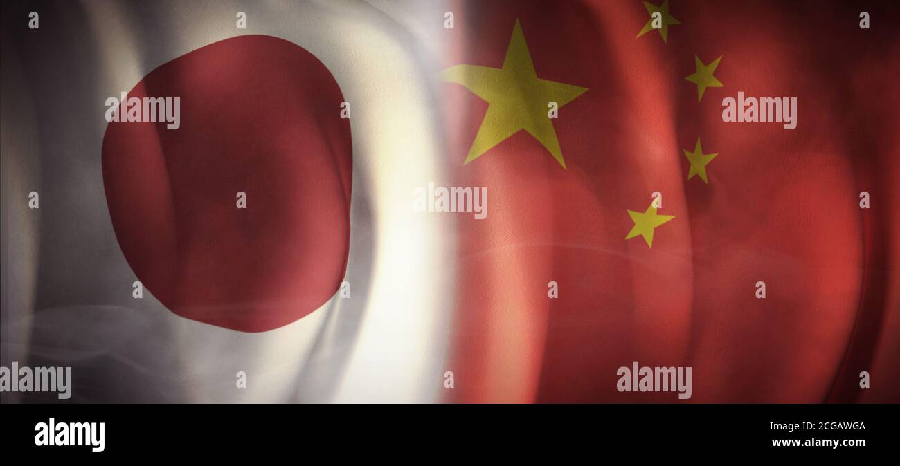 Flag Images of the Concept of International Relations between Japan and China. Stock Photo