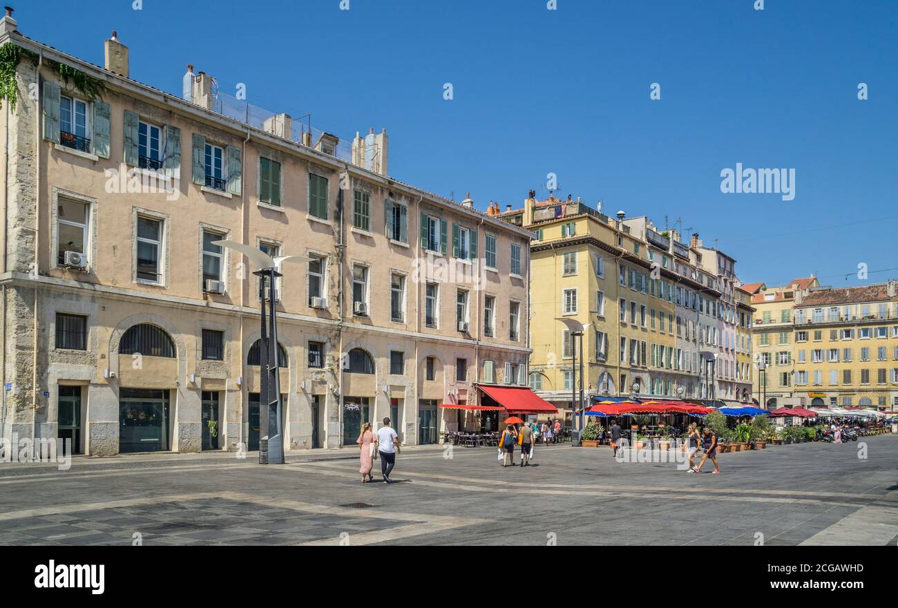 Cours Honoré-d'Estienne-d'Orves, prominent pedestrian square in the heart of the Arsenals, adjacent to the Old Port of Marseille, Bouches-du-Rhône dep Stock Photo