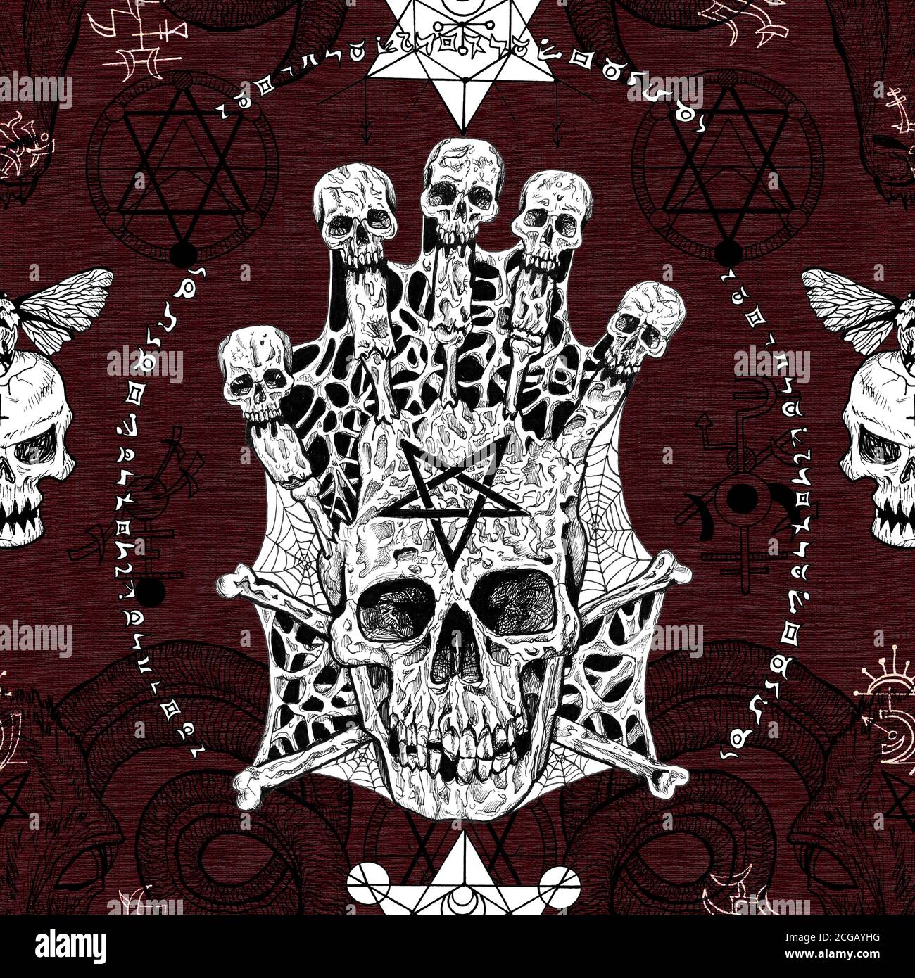 Seamless pattern with evil skull and pentagram on red. No foreign