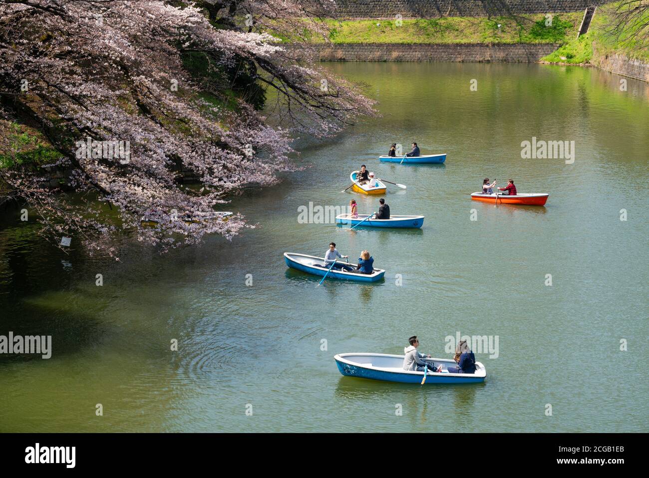 People on a boat ride for cherry blossom viewing on Chidorigafuchi moat in Tokyo Stock Photo