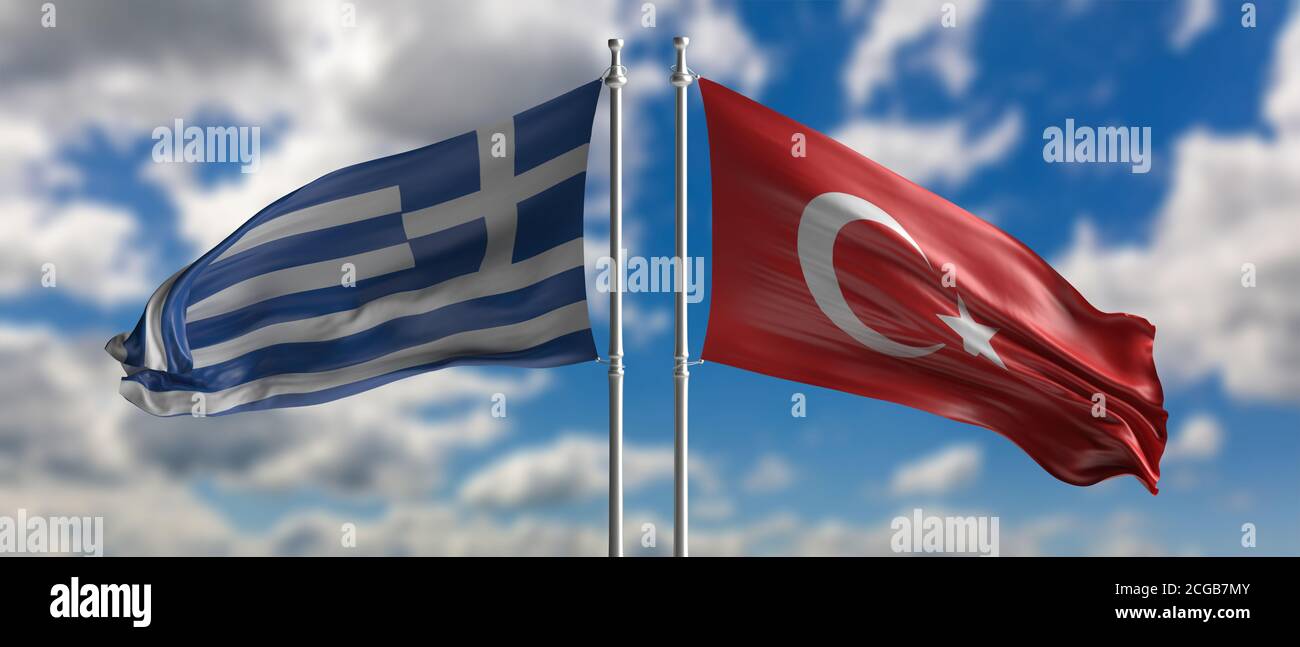 Turkey and Greece conflict, dispute concept. Turkish and Greek flags