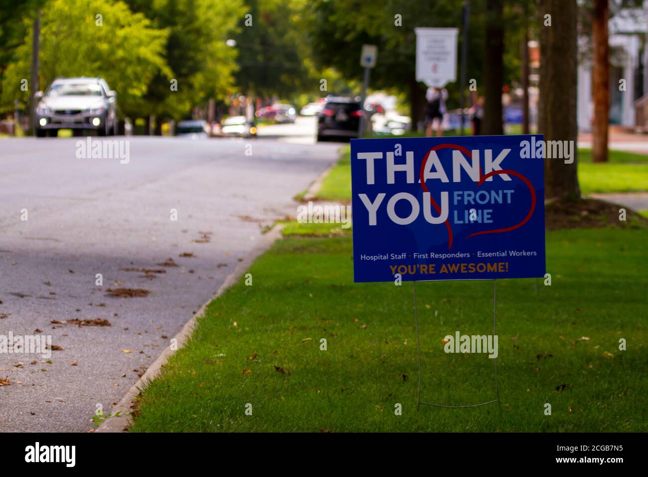 Chestertown, MD, USA 08/30/2020:  close up image of a yard sign by the street that says 'Thank you' to all front line health care workers for their ef Stock Photo