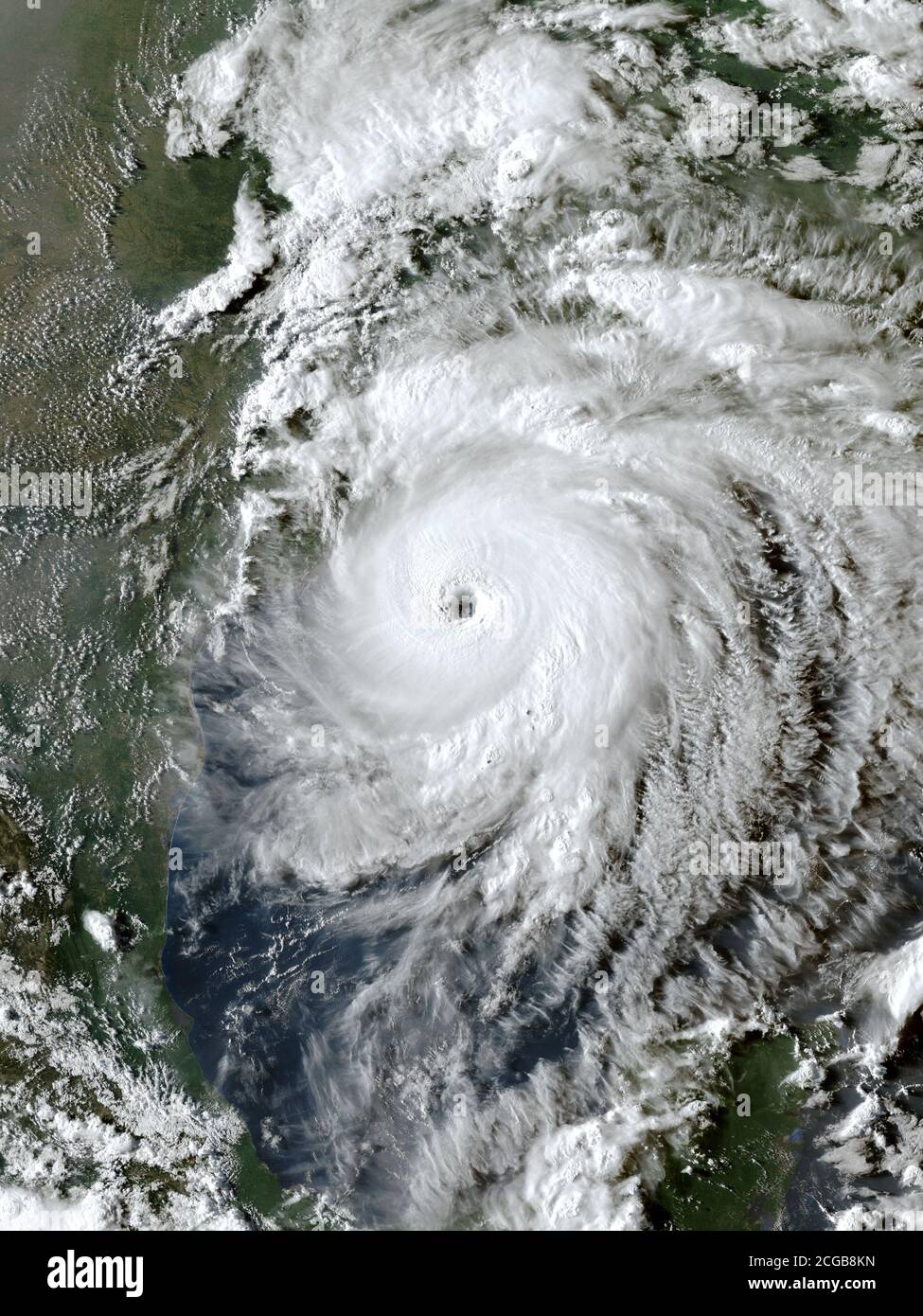 Hurricane Laura was a deadly and damaging Category 4 Atlantic hurricane that tied the 1856 Last Island hurricane as the strongest hurricane on record to make landfall in the U.S. state of Louisiana, as measured by maximum sustained winds. Early on August 27, Laura made landfall near peak intensity at Cameron, Louisiana. (USA) Stock Photo