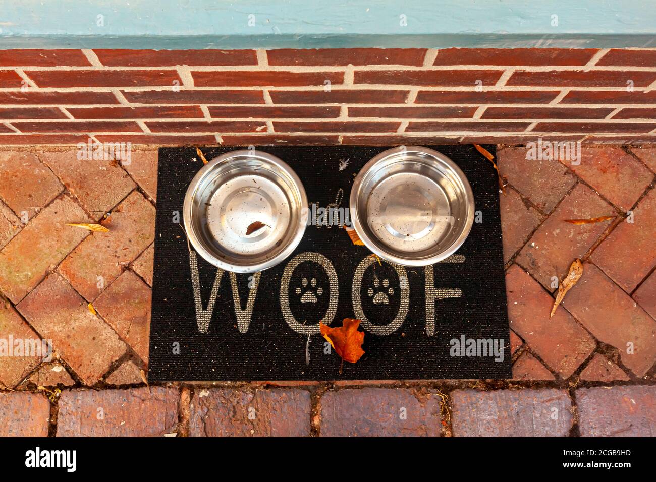 Flat lay image of two metal plates filled with drinking water for stray animals that are placed on a black doormat with 'WOOF' written on it and dog p Stock Photo