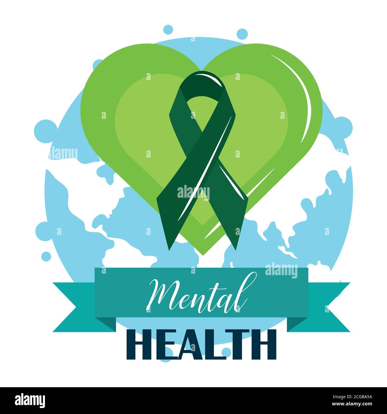mental health day, ribbon in green heart world, psychology medical