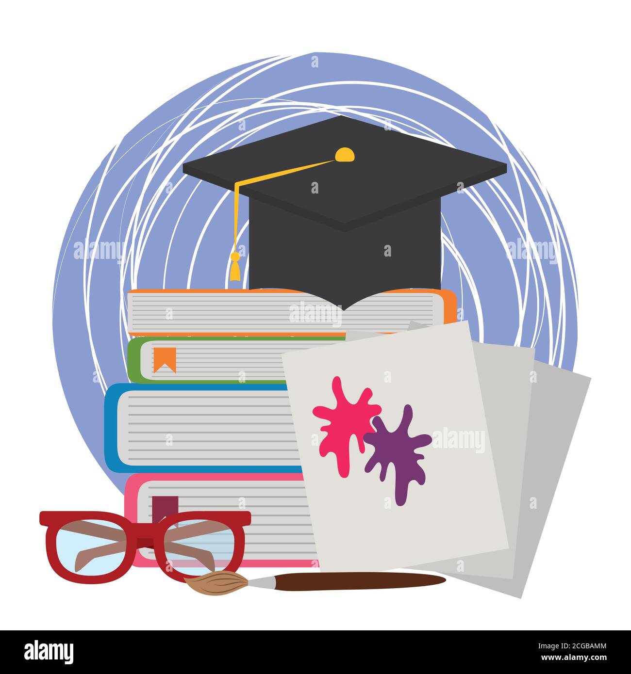 back to school, graduation hat on books glasses and color spots in ...