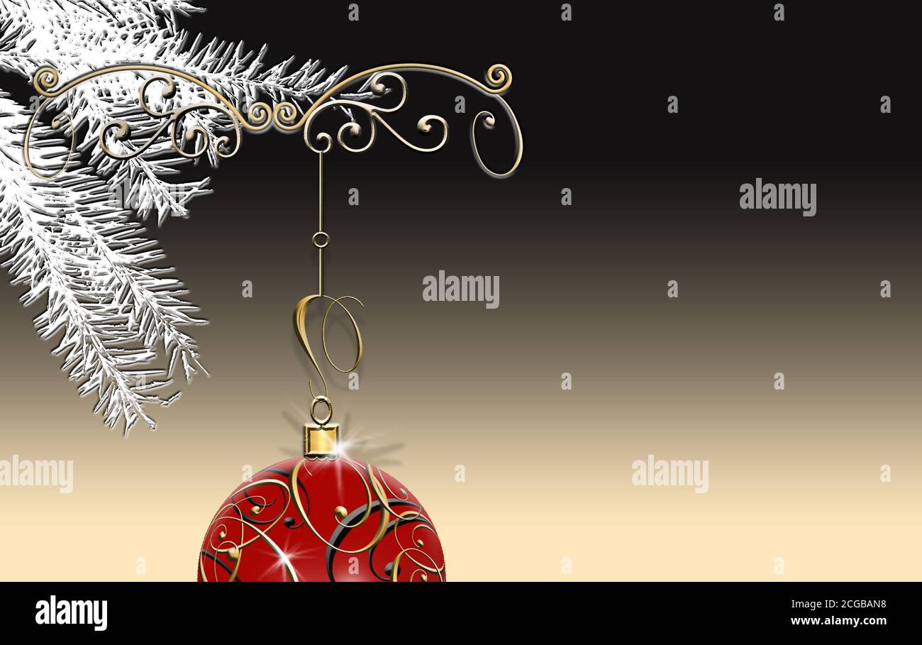 Luxury elegant Christmas 2021 New Year ornament with red gold bauble on black background. Minimalist New Year card, festive menu, greeting, invitation. Place for text, copy space. 3D Illustration. Stock Photo