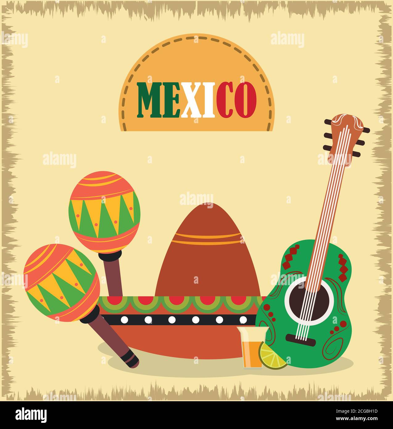 mexican independence day, guitar hat maracas and drink shot, celebrated ...