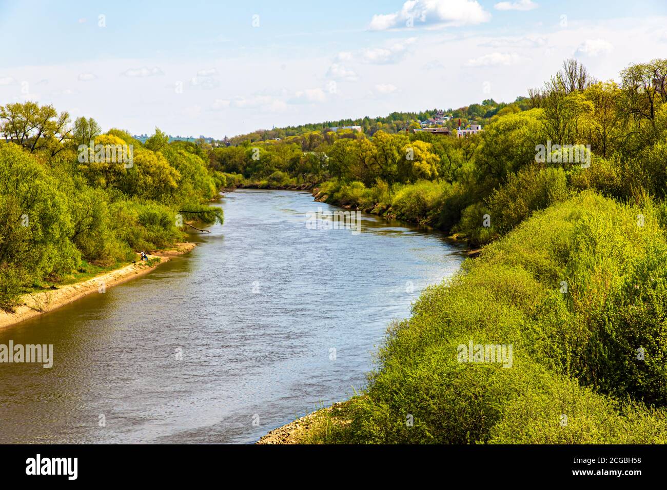Smooth bend of the river. Traditional Russian landscape. Summer. Stock Photo