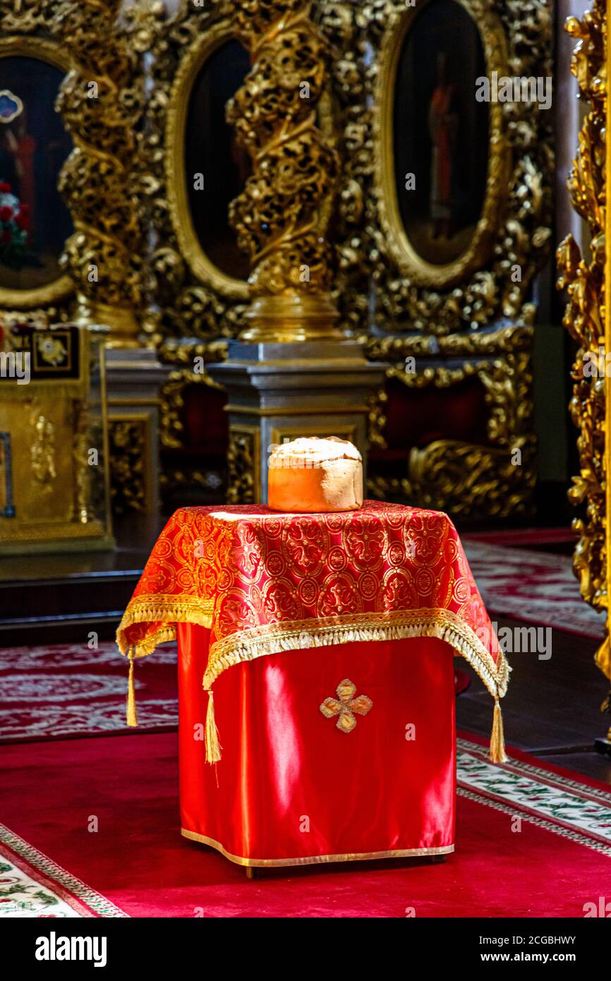 Orthodox Easter. In the center of the temple is a festive cake - the main symbol of the holiday. Stock Photo