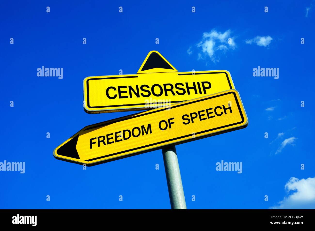 Censorship or Freedom of Speech - Traffic sign with two options - appeal to fight for possibility to express opinion and truth. Stock Photo