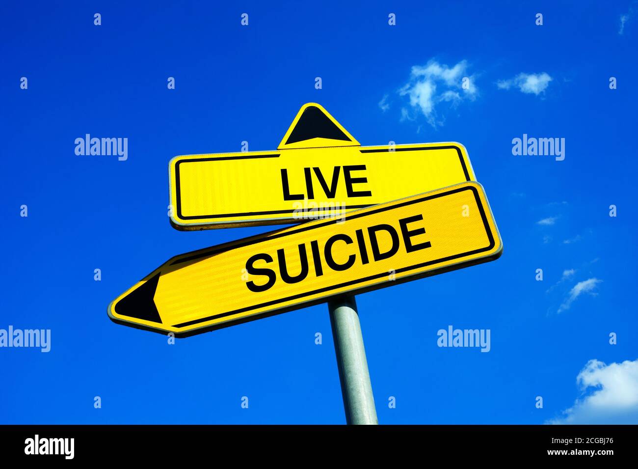 Live or Suicide - Traffic sign with two options - appeal to overcome problems, crisis, hopelessness and depression. Overcoming negativity with positiv Stock Photo