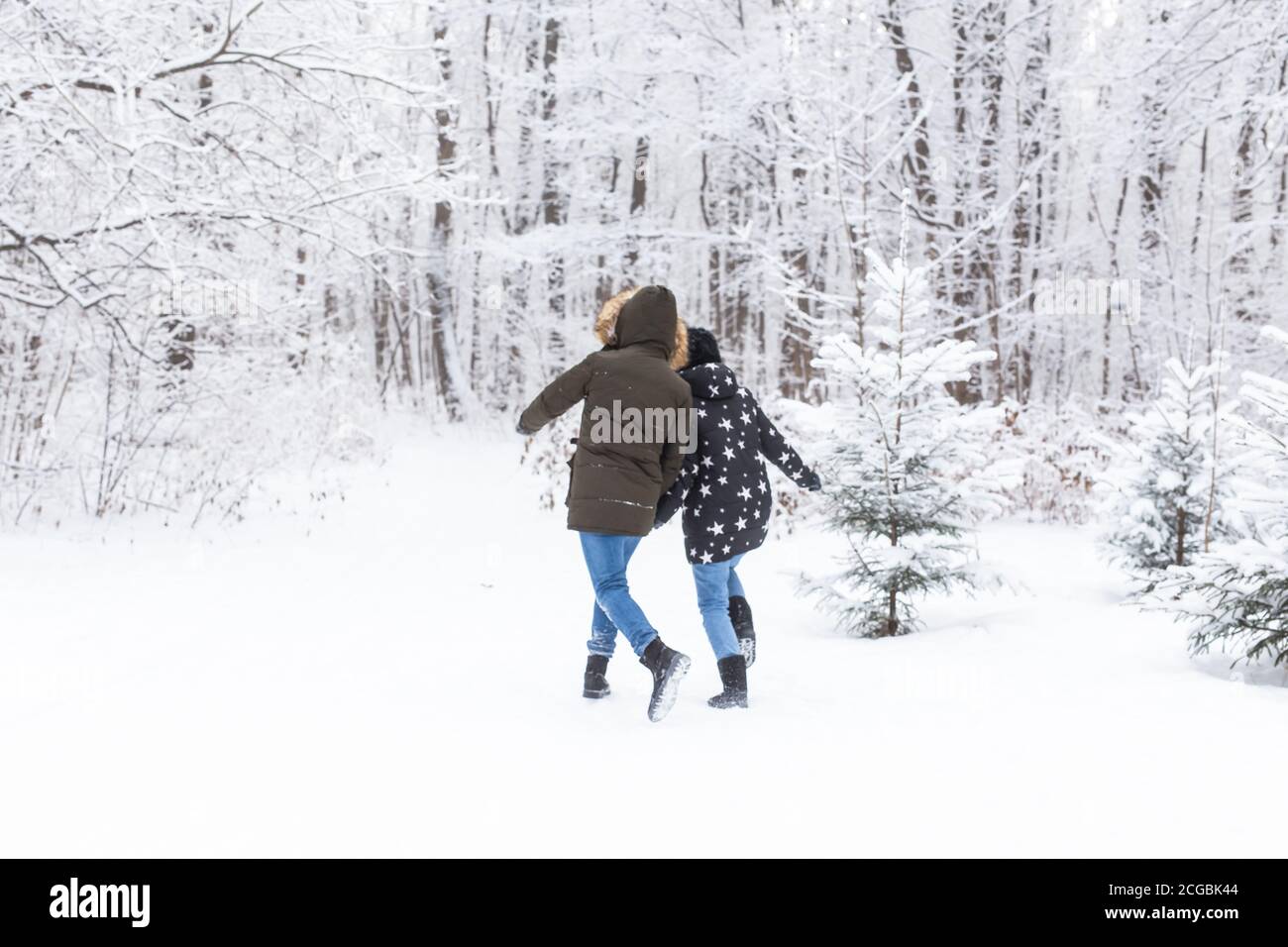 Happy couple walking through a snowy forest in winter Stock Photo - Alamy