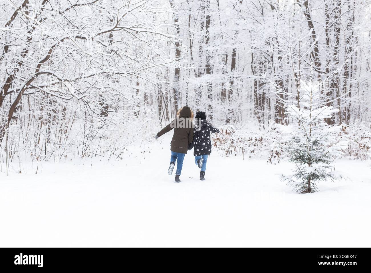 Happy couple walking through a snowy forest in winter Stock Photo - Alamy