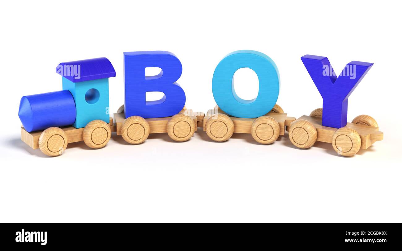 Wooden toy train with BOY letters as railroad cars 3d rendering Stock
