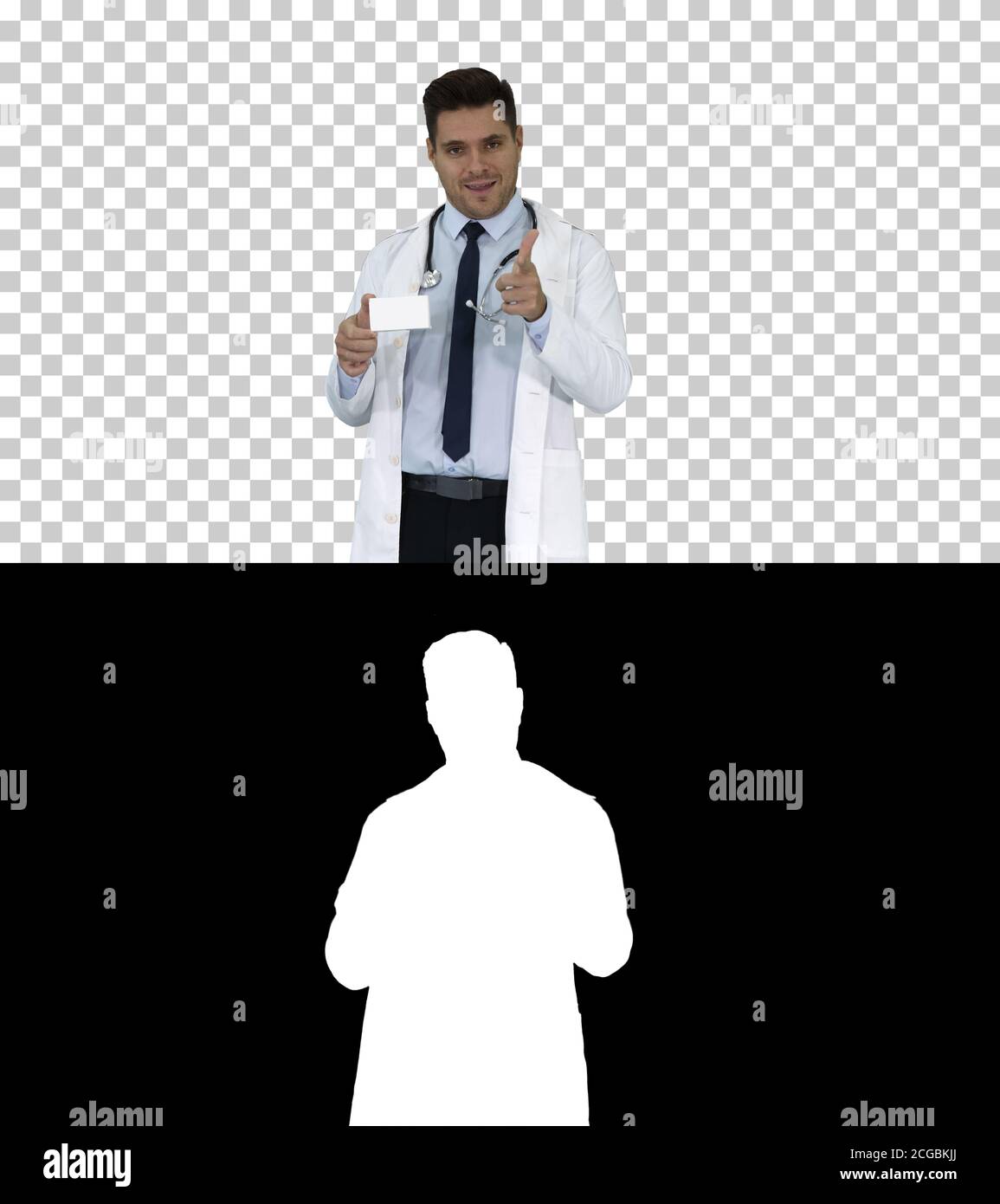 Doctor talking to camera presenting new medicine, Alpha Channel Stock Photo