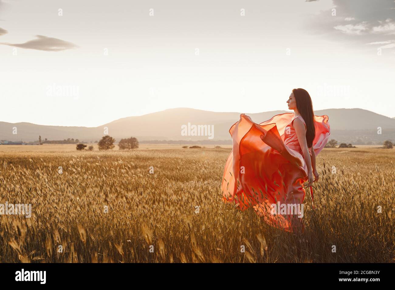 girl dancing in a field in a beautiful pink dress at sunset. ideal for ...