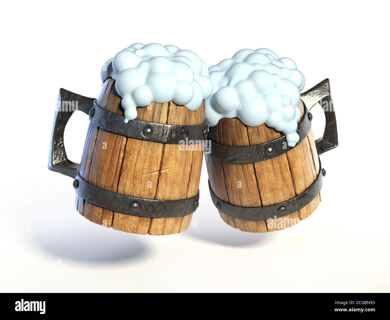 Pair of wooden mugs, tankards making a toast. Beer splash 3d rendering Stock Photo