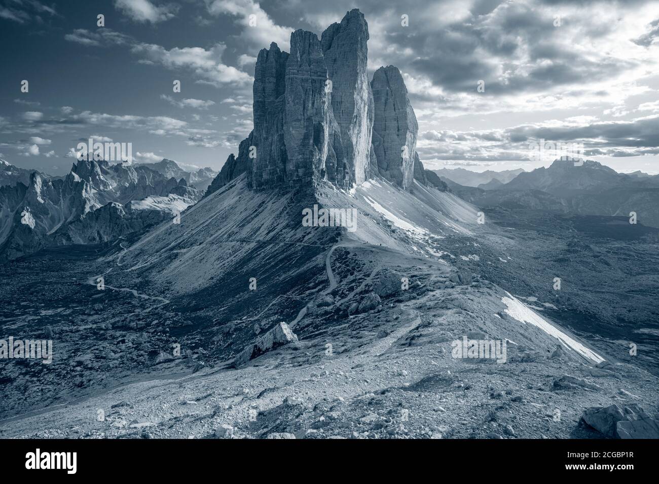 Three Peaks of Lavaredo. Toned image of Italian  Dolomites with famous Three Peaks of Lavaredo (Tre Cime di Lavaredo) South Tyrol, Italy, Europe. Stock Photo