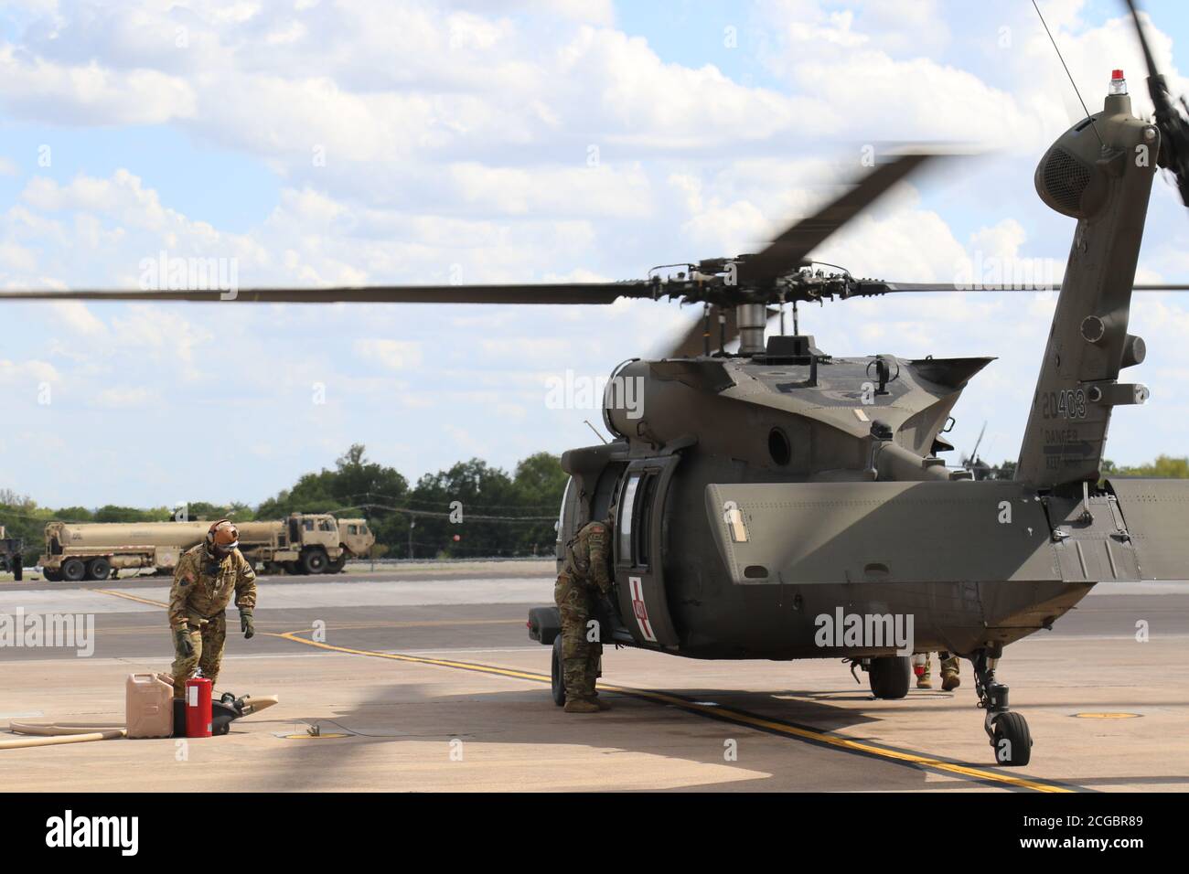 Iron Eagle Soldiers with 1st Armored Division, Combat Aviation Brigade prepare at Fort Hood, Texas in the event that their efforts are required to provide relief for Hurricane Laura, August 2020. Photo Credit Maj. Paul Oliver. Stock Photo