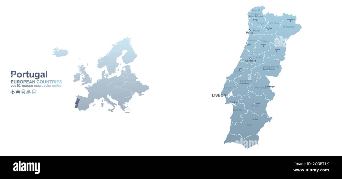 Outline of Portugal map (districts on separate layers) Stock