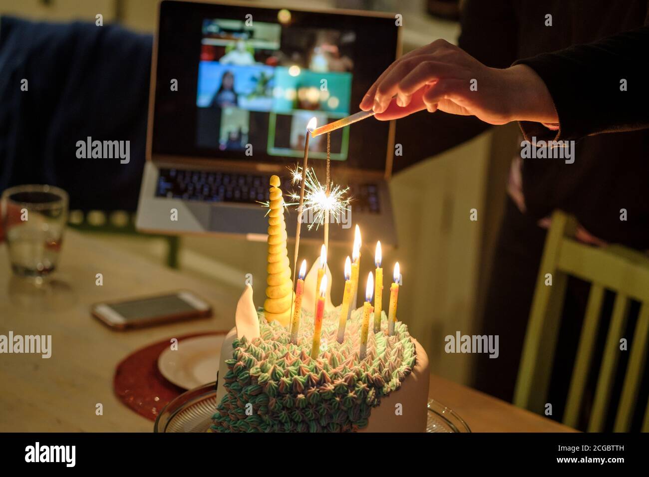 A child's Birthday party being held online (Zoom) during COVID-19 lockdown, Melbourne Australia Stock Photo