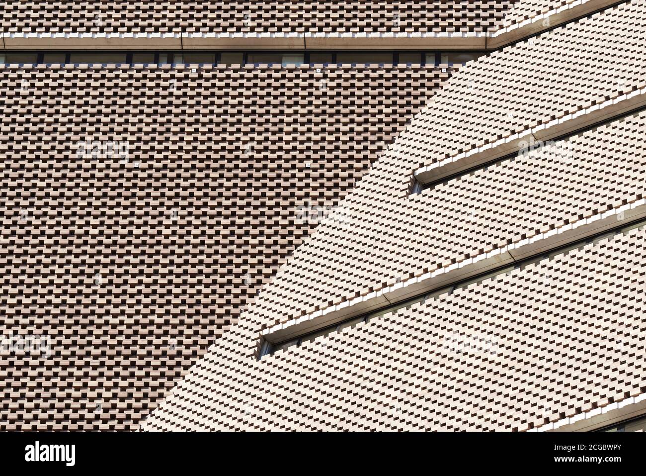 Exterior detail of Blavatnik Building (formerly known as Switch House) Tate Modern, London UK. Designed by architects Herzog & de Meuron. Completed in 2016. Stock Photo