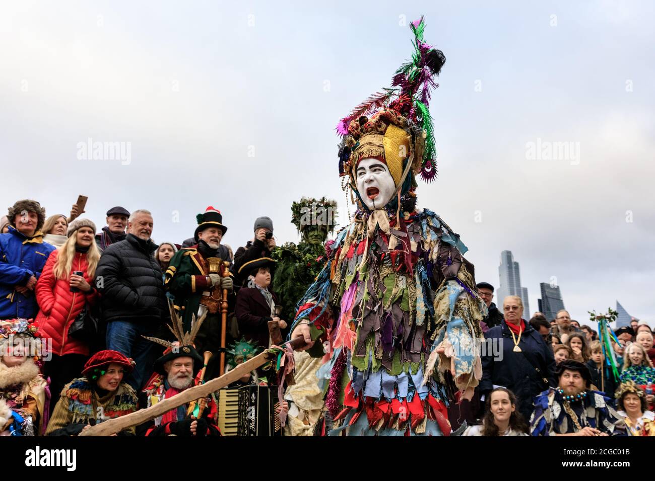 The annual Twelfth Night Celebration, performed by The Lions part Players, theatrical performance procession, Bankside, London, England Stock Photo