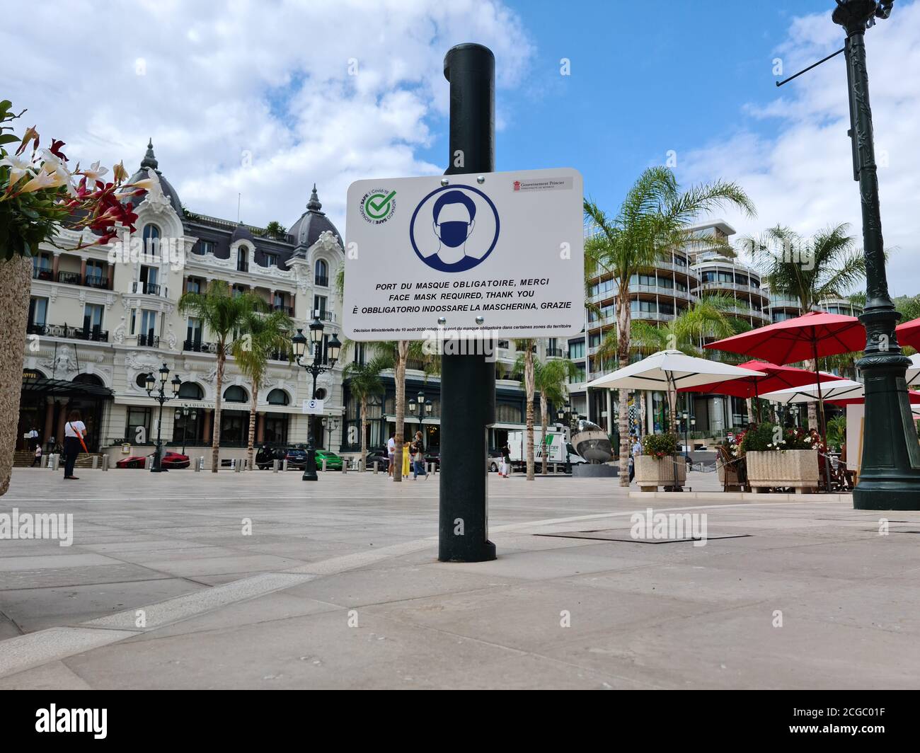 Monte-Carlo, Monaco - September 9, 2020: Protective Face Mask Required Sign On The Casino Square In Monte-Carlo, Monaco, Europe. Close Up View Stock Photo