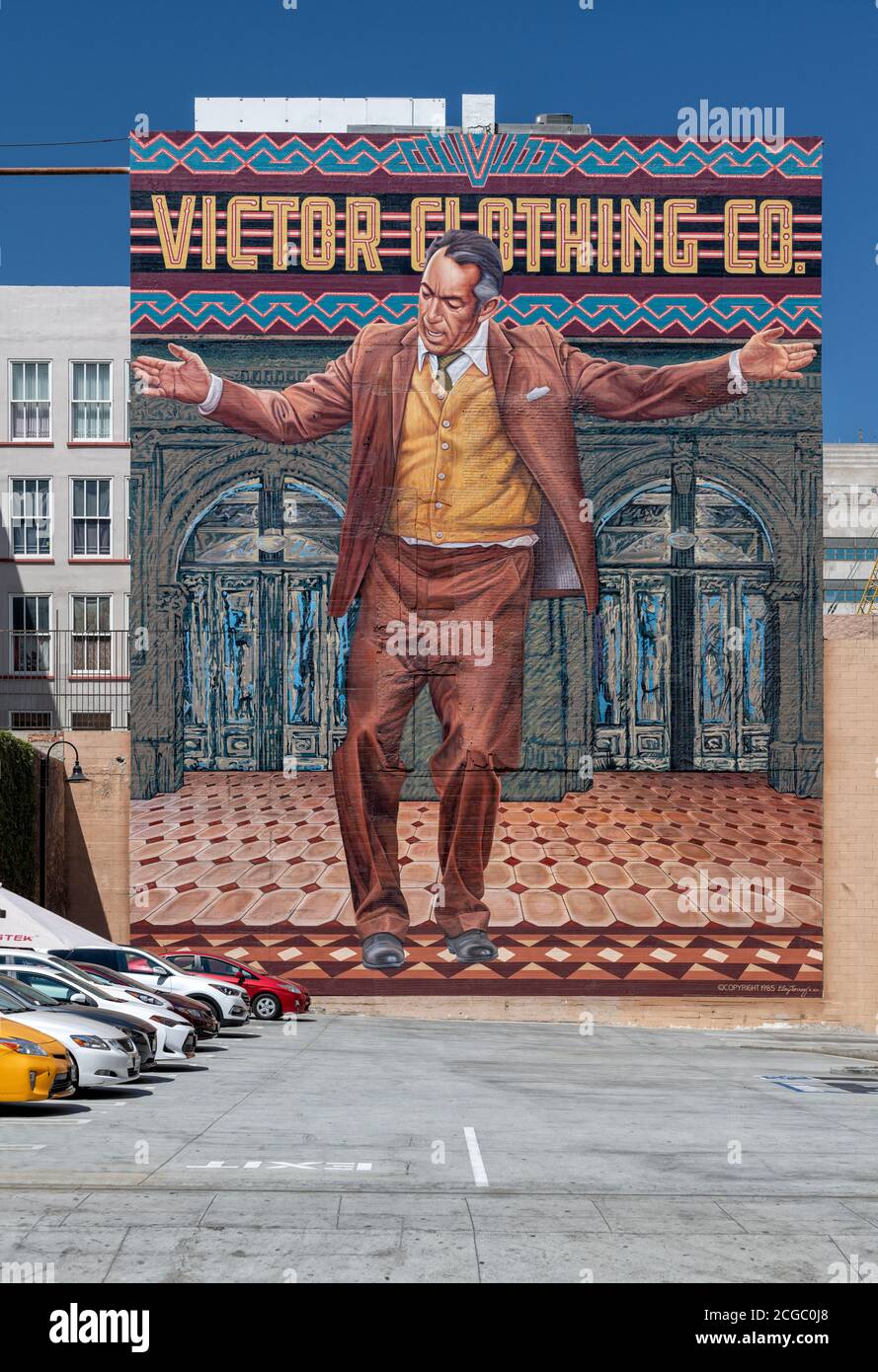 Pope of Broadway 1986 (restored 2017), A summer day shot of a large mural, street art, downtown LA, California, USA. Stock Photo
