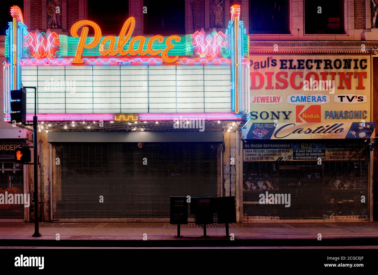 A night shot of Palace Theater neon sign facade, Los Angeles, california, USA. Stock Photo