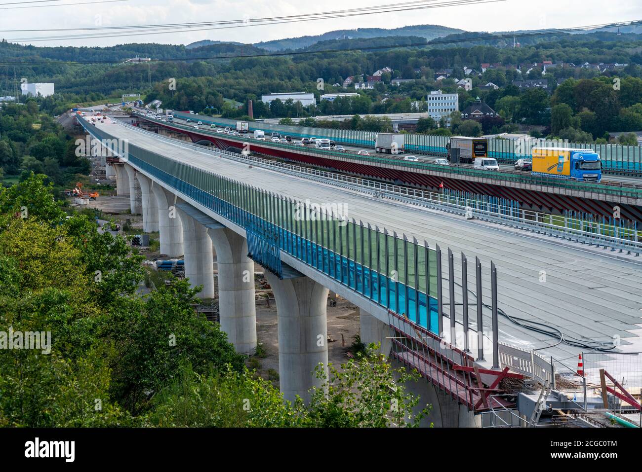 New construction of a freeway bridge, construction site of the Lennetal bridge of the freeway A45, Sauerlandlinie, over the river Lenne, near Hagen, N Stock Photo
