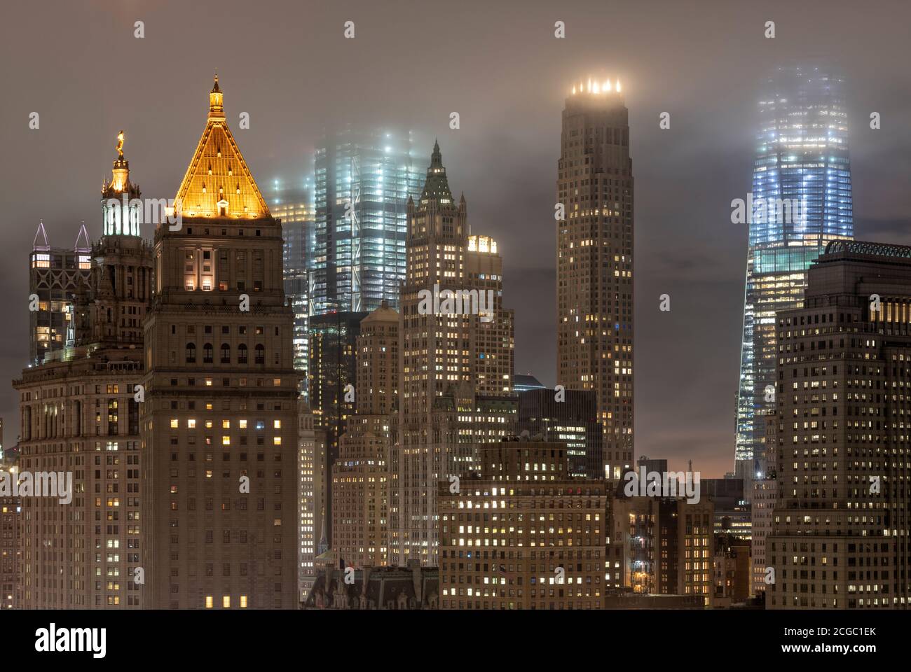 A summer evening, high-angle shot of skyscrapers in the mist in New York City, USA. Stock Photo